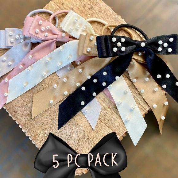 🌸5 Pc Set Bow/Pearl Hair Ties - Picture 2 of 6